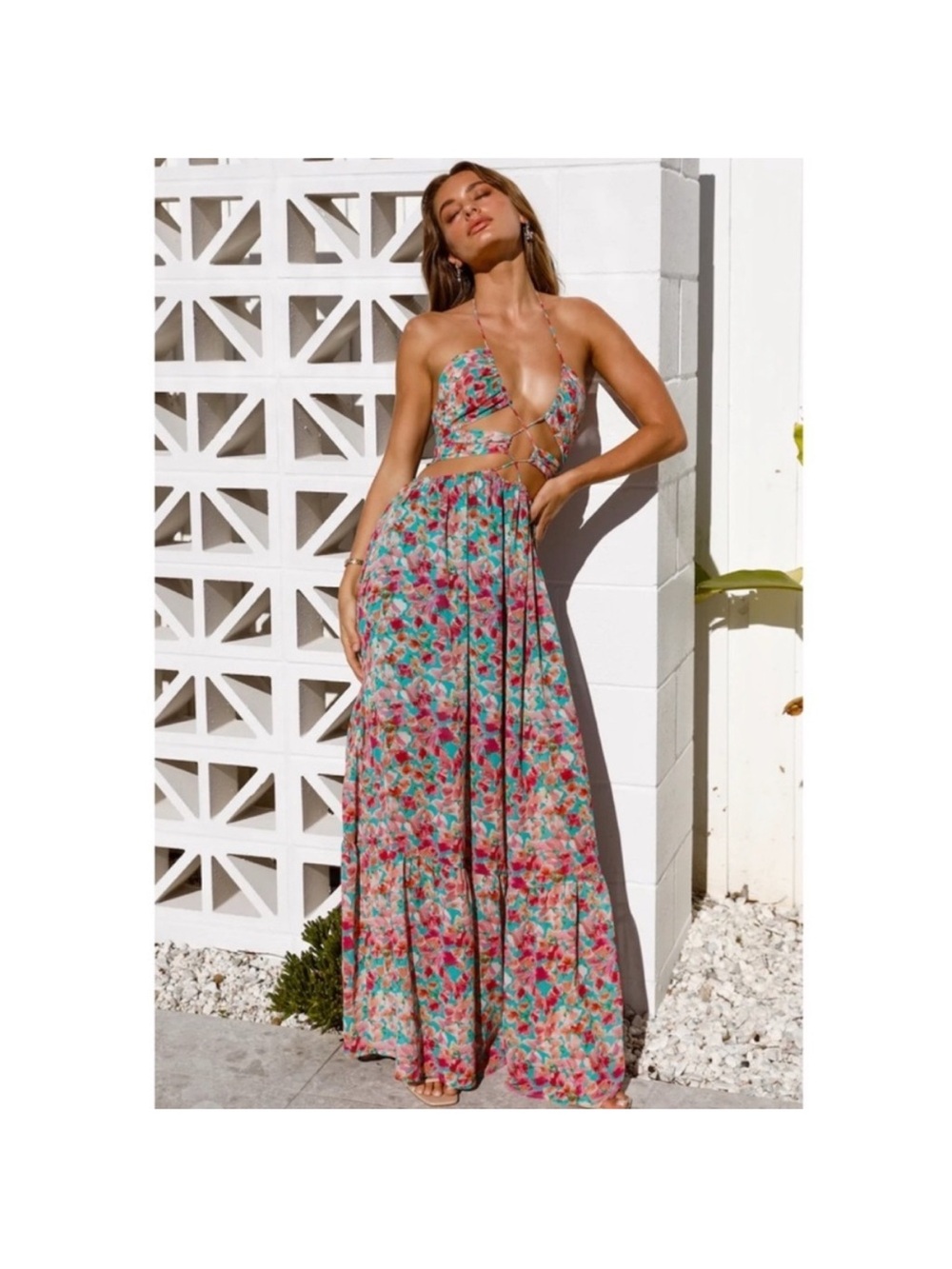Hello Molly Floral Halter Maxi Dress - Pink Multi